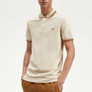 Fred Perry Twin Tipped Polo Shirt Oatmeal Beige Brown Logo Size L M3600